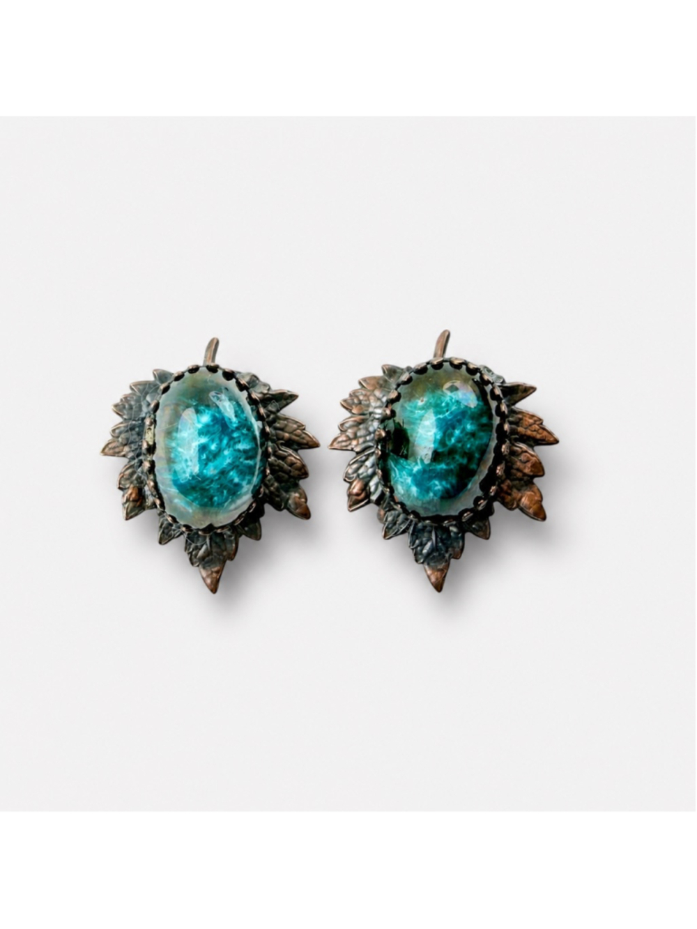 Vintage Teal Art Glass Earrings, Large Cabochon Clip On Earrings, Copper Leaf